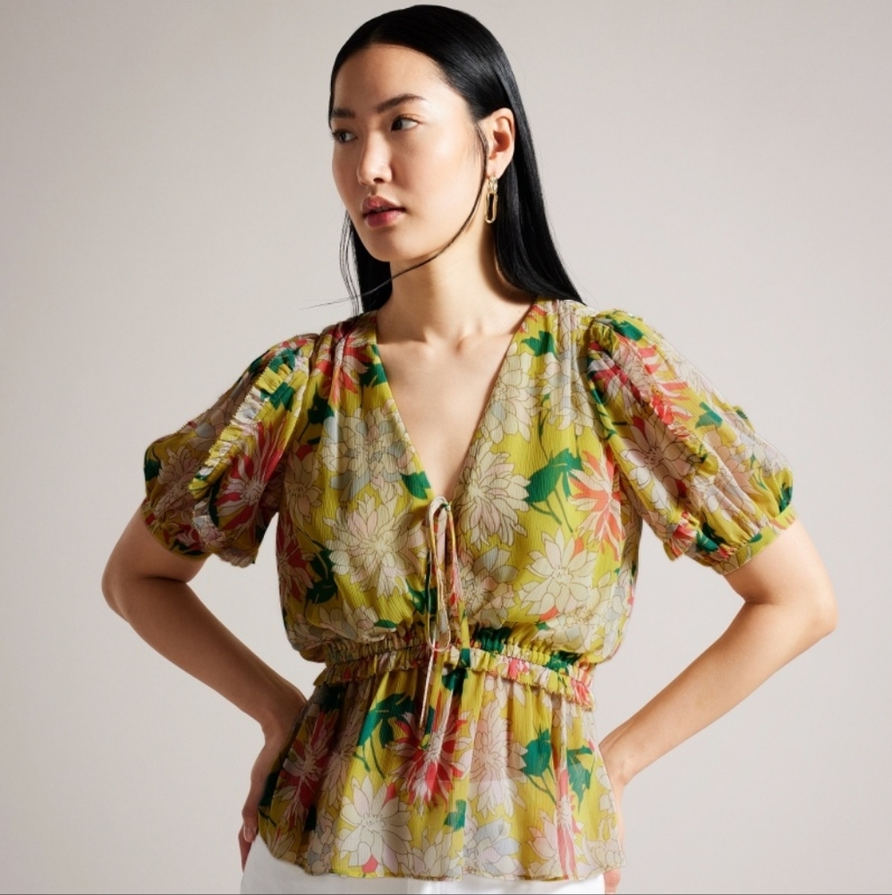 Ted Baker Gabbyie Ruffled Floral Puff Sleeve Top